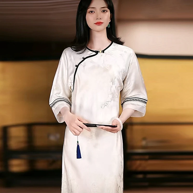 复古日记新中式圆领夏季气质中国风女装旗袍修身连衣裙242L6405
