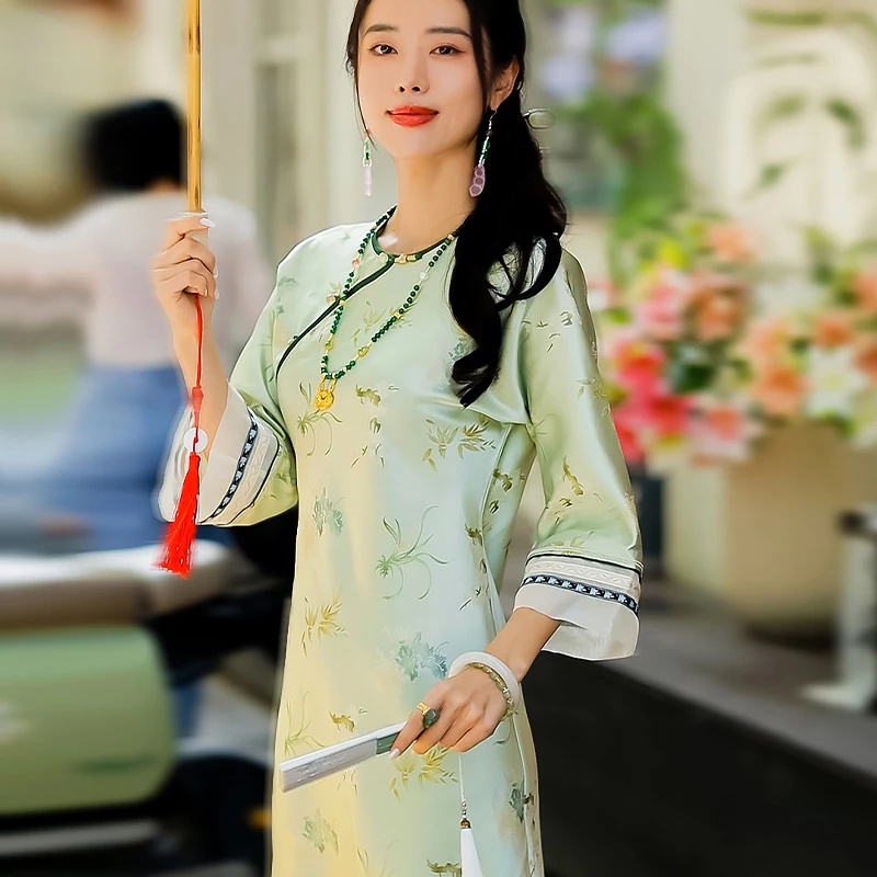 复古日记新中式桑蚕丝时尚圆领夏季中国风斜襟连衣裙242L6356