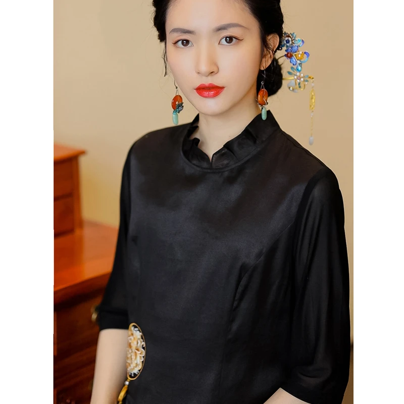 穗幕丨100桑蚕丝撞色香云纱刺绣连衣裙22ELY176