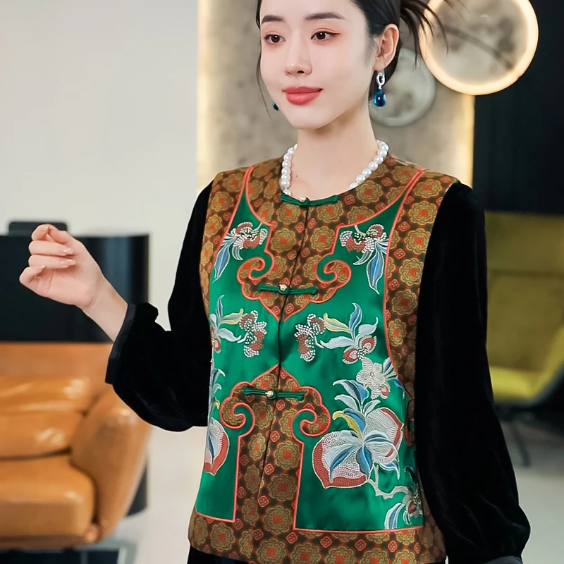 复古日记秋季新品中式国风绣花女装上衣马夹24GES200