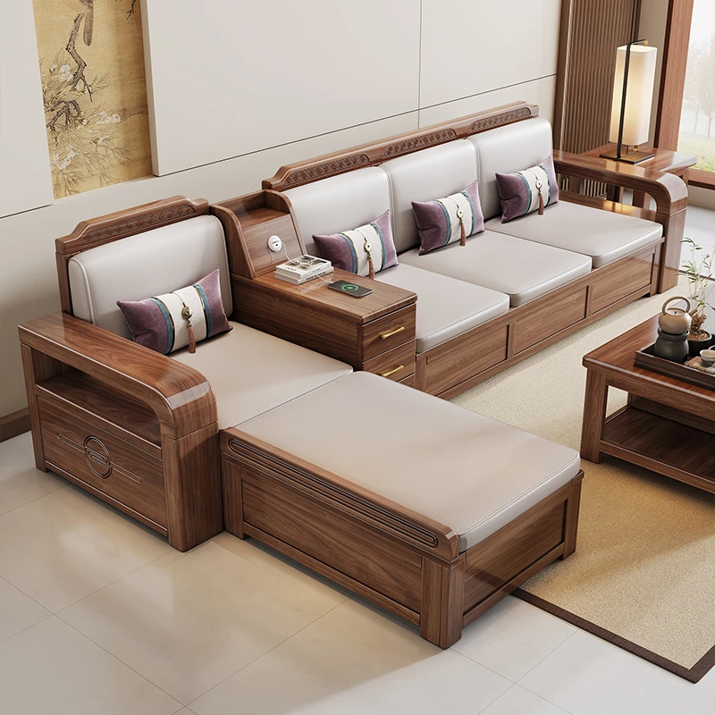 新中式黑胡桃实木沙发家用轻奢客厅大小户型冬夏两用高箱储物沙发