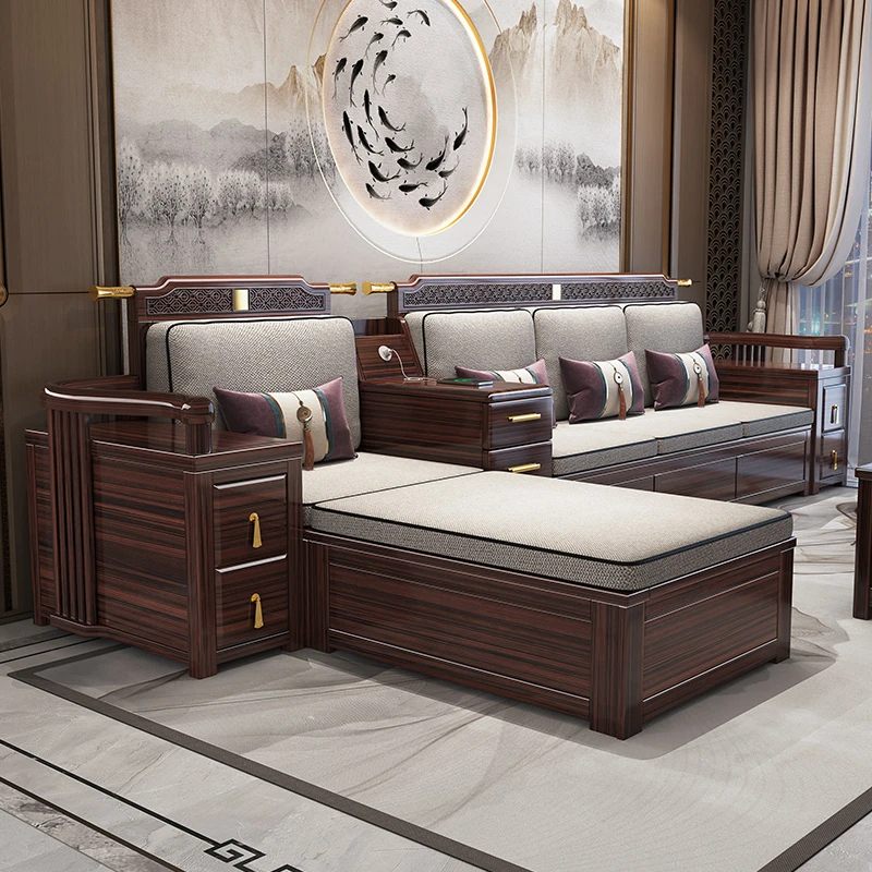新中式乌金木实木沙发家用别墅大小户型冬夏两用诸物高箱成套家具