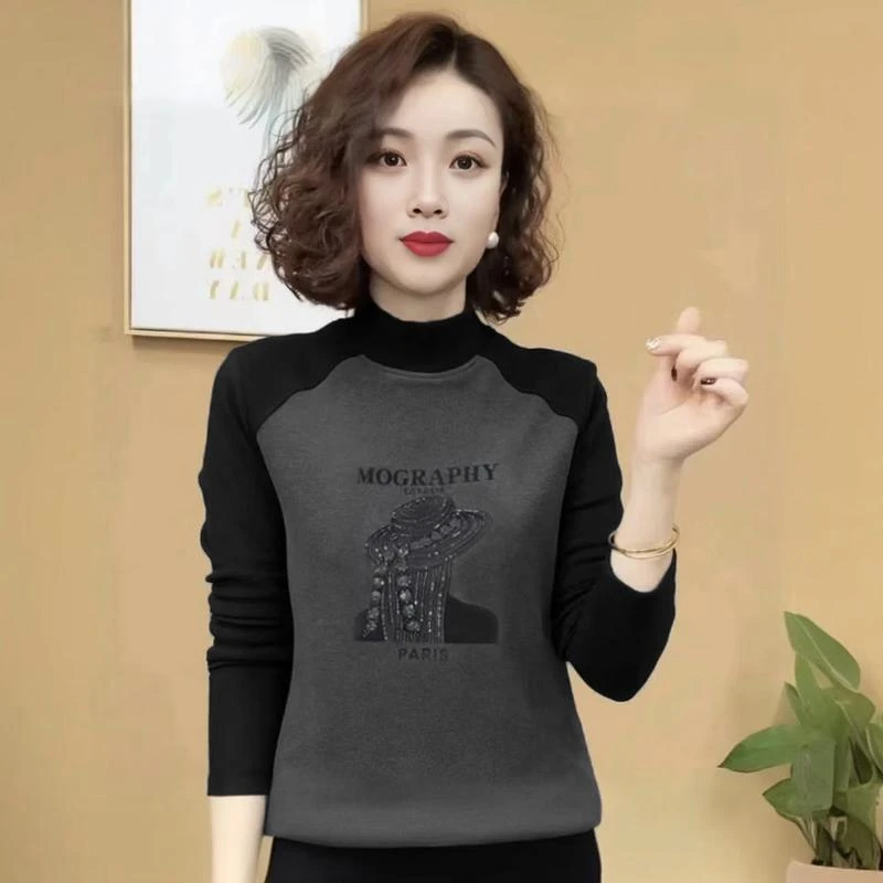 【质量好发货快】2024秋冬洋气撞色双面绒打底衫女长袖气质上衣时尚