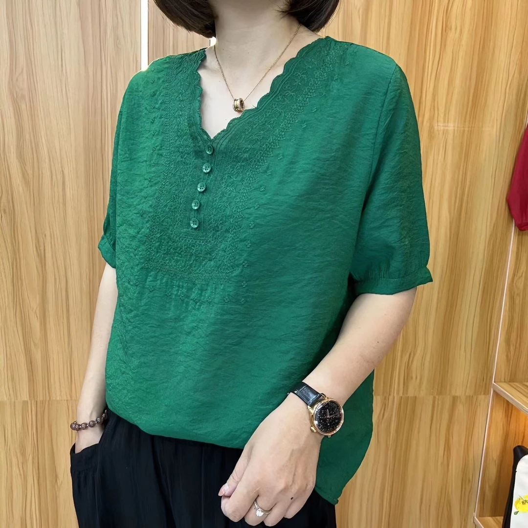 V领大码纯色短袖薄款t恤夏季新款女洋气宽松遮肚显瘦百搭打底小衫