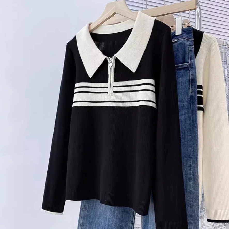 拉链条纹POLO领胖MM长袖针织衫内搭打底衫秋大码遮肚毛衣百搭上衣