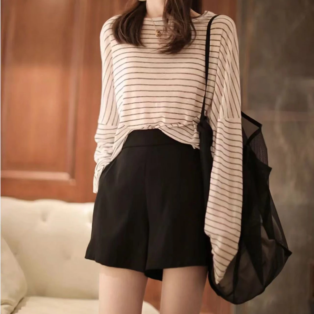 【现货速发】黑色高腰西装短裤女显瘦垂感阔腿松紧腰休闲A字热裤