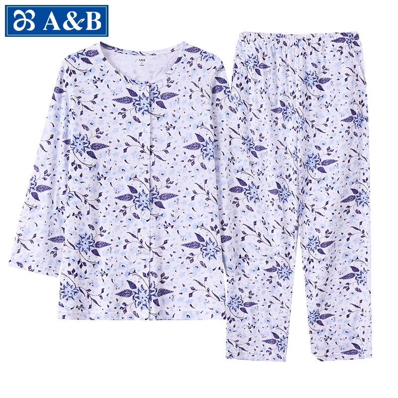 AB内衣中老年纯棉开衫女士休闲长裤宽松大码七分袖单件秋装家居服