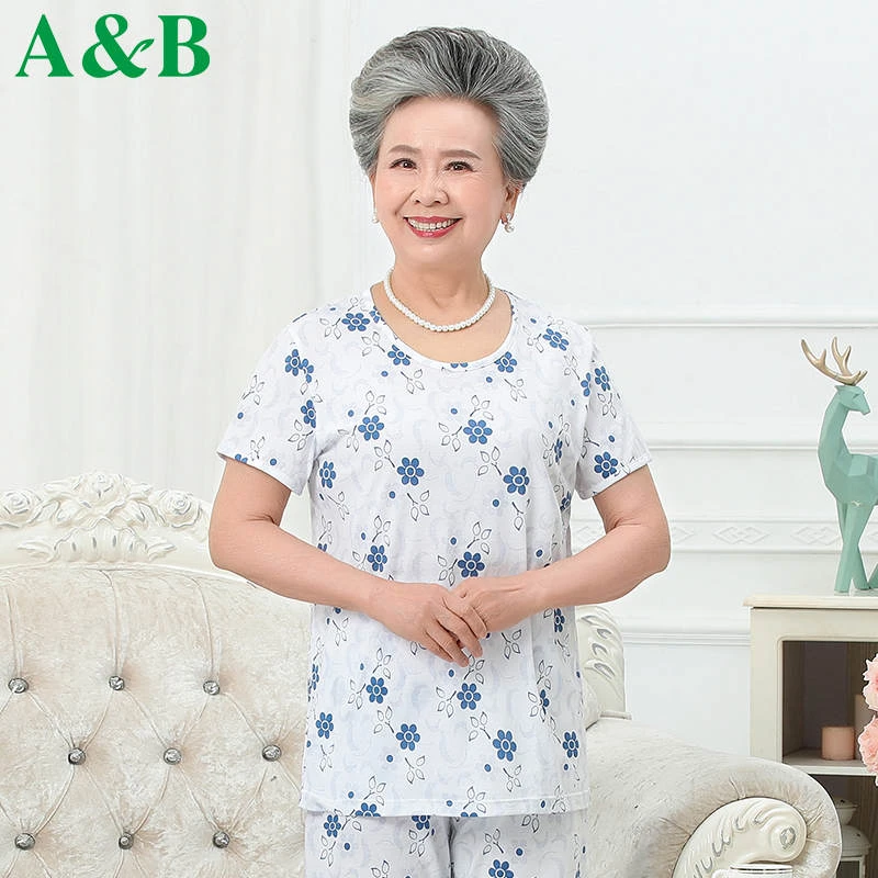 AB内衣女纯棉短袖T恤汗衫60-70岁奶奶装大码老人背心全棉绸家居服