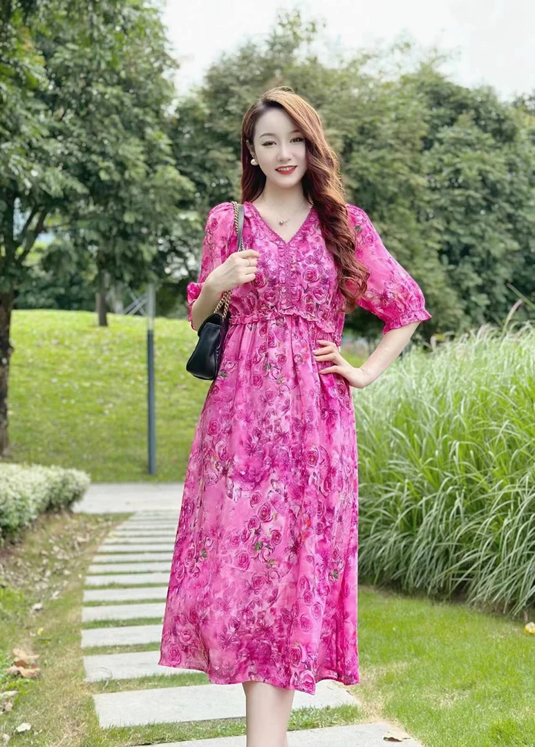 【24108彩蝶竹梦】高端贵气时尚印花桑蚕丝显瘦复古真丝连衣裙长115