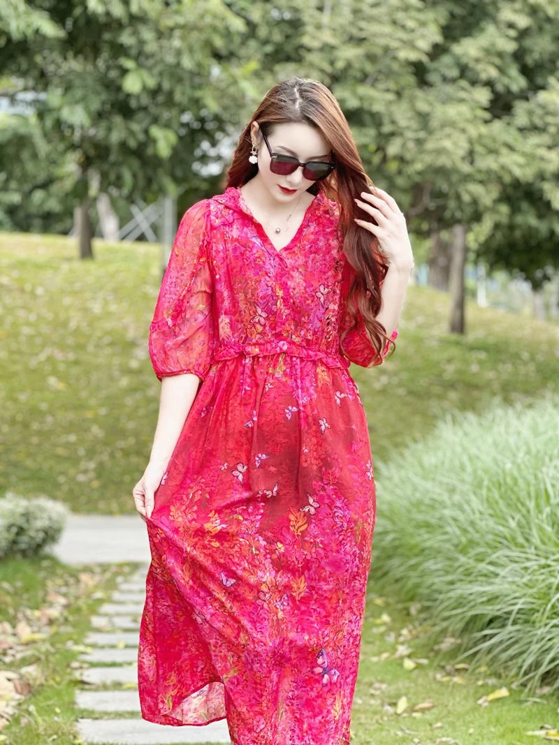 【24107海月笙歌】高端时尚印花桑蚕丝显瘦复古真丝连衣裙长119