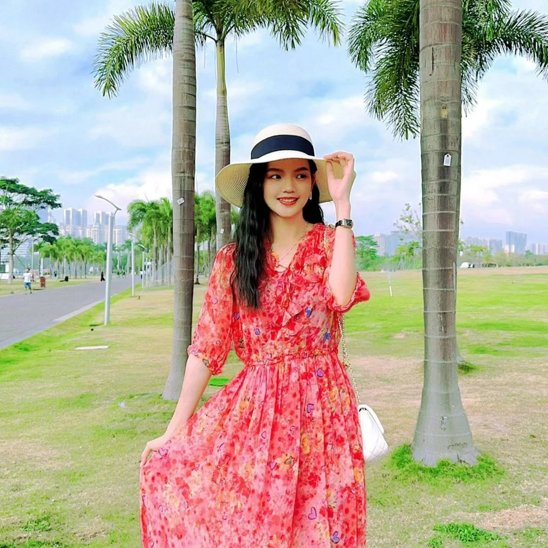 【2374花瓣雨】高端气质桑蚕丝收腰显白印花连衣裙裙长：117cm