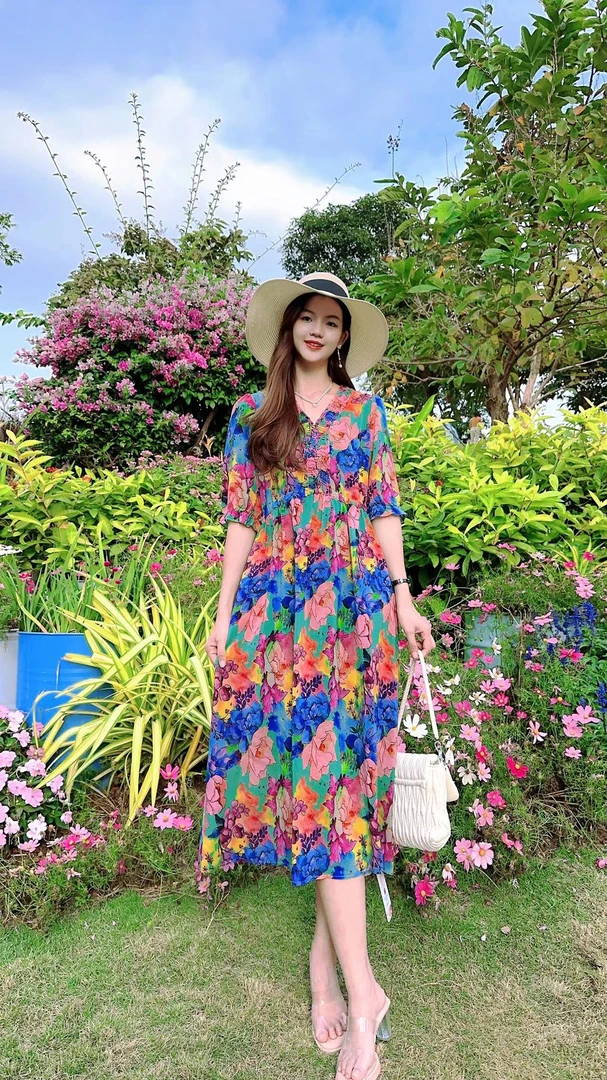 【24008花颜悦色】洋气显瘦定位印花时尚桑蚕丝真丝连衣裙-裙长115