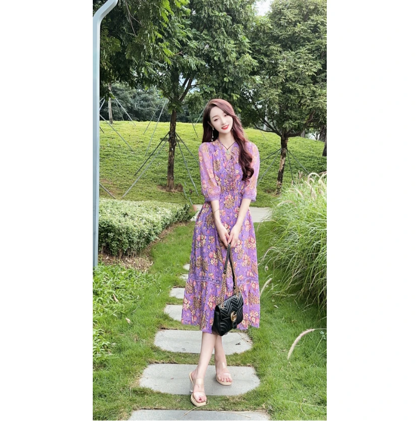 【24055淡紫嫣然】碎花特调紫色印花法式显瘦桑蚕丝连衣裙裙长115