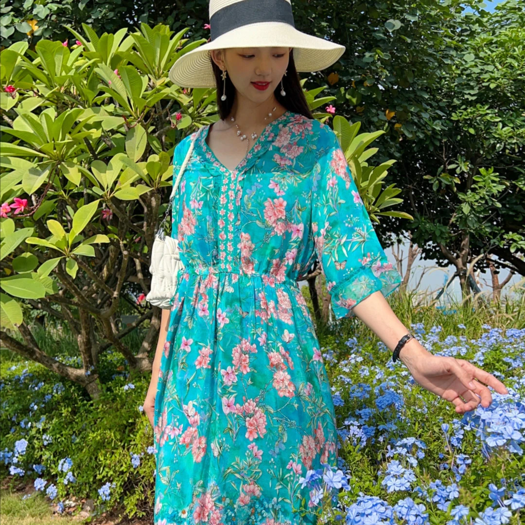 【2337花飞蝶舞】夏季时尚优雅显瘦显瘦桑蚕丝真丝连衣裙 裙长118