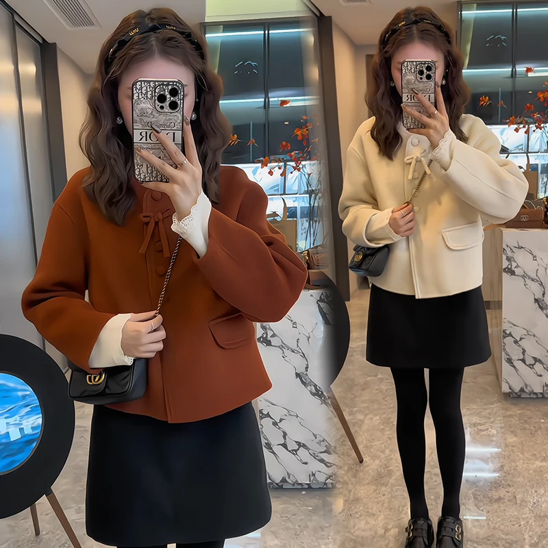 秋季新款简约大气蝴蝶结减龄双面呢子大衣外套短裙套装裙子