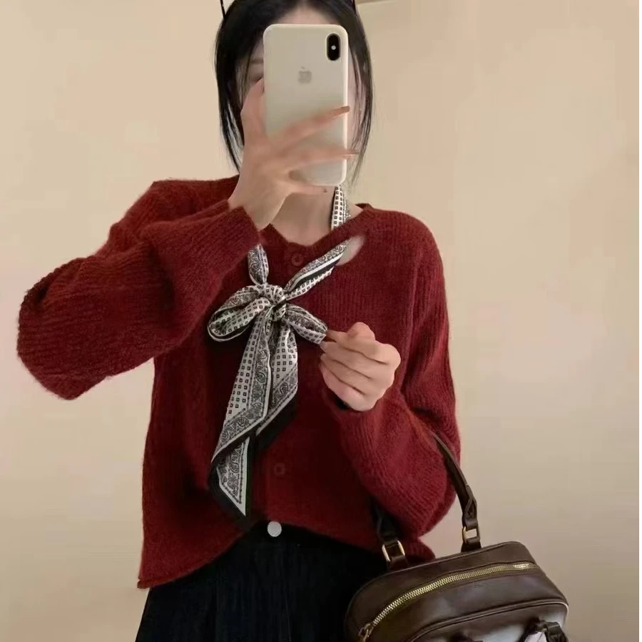 蝴蝶结针织开衫女春秋季韩系温柔甜美长袖上衣小香风毛衣外套