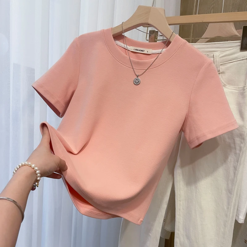 韩版宽松纯色磨毛短袖t恤女短款2025早秋新款重磅加厚内搭打底衫