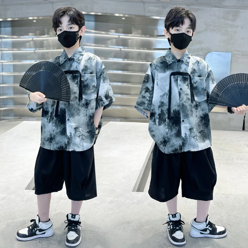 汉服男童套装夏季薄款2025新款10中大童新中式短袖衬衫国风两件套