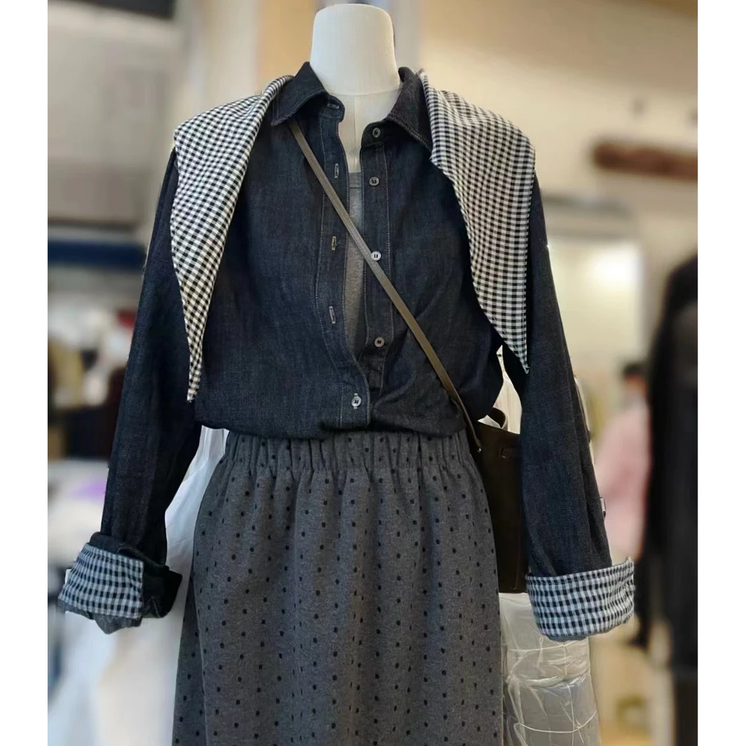 女装牛仔衣带披肩衬衫时尚百搭款复古气质秋季设计感