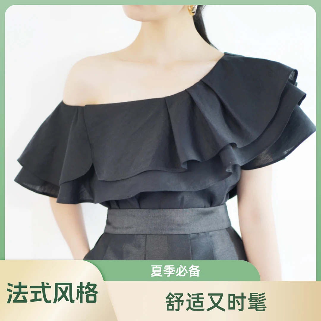 EKEARTHUR/亦克阿瑟斜肩清新荷叶一字肩夏季露肩宽松一字领显瘦