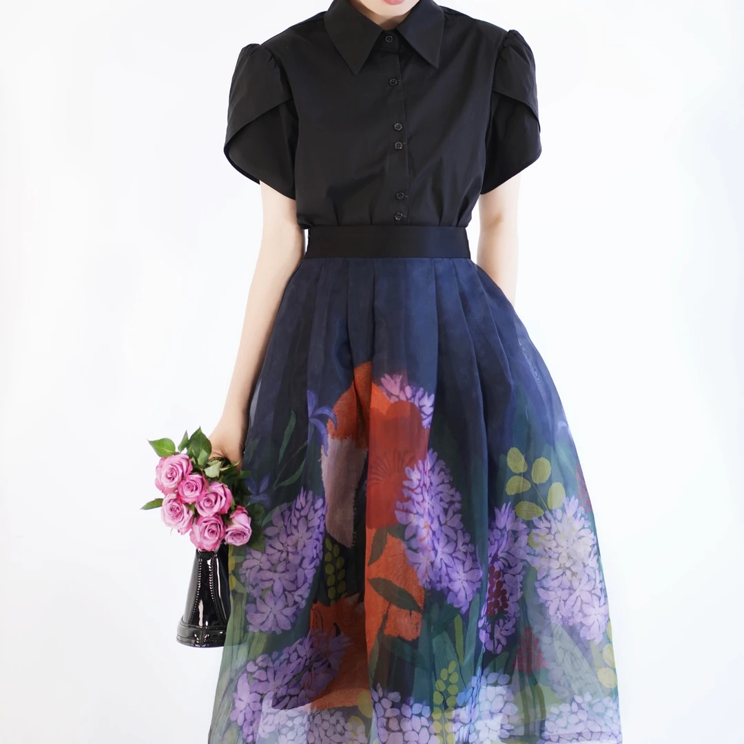 EKEARTHUR/亦克阿瑟小狐狸欧根纱原创手绘高腰赫本A字大摆蓬蓬裙