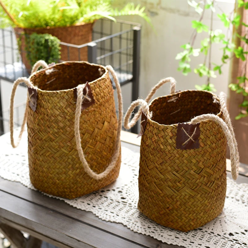 手工草编花篮花盆 干花篮手工编织收纳篮子 藤编竹编客厅装饰花器