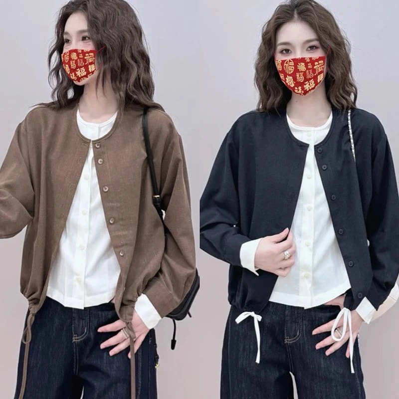 假两件撞色圆领短开衫女2025春季新款时髦洋气长袖单排扣百搭衬衣