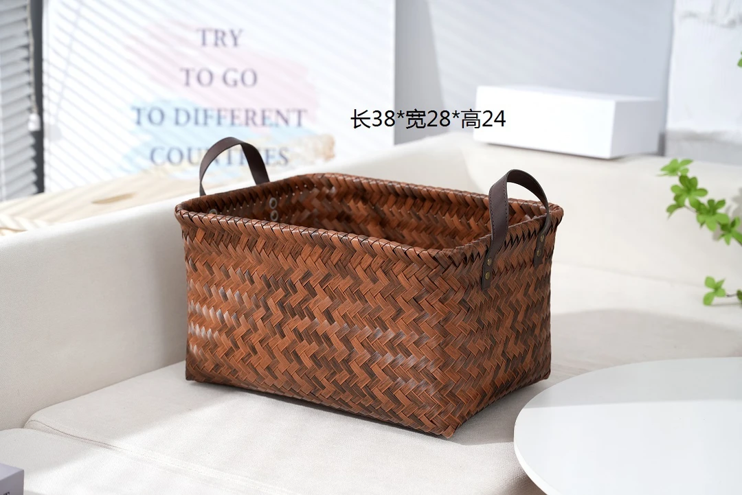 美式24斜编轻奢复古客厅家用简约手工编织仿藤收纳筐