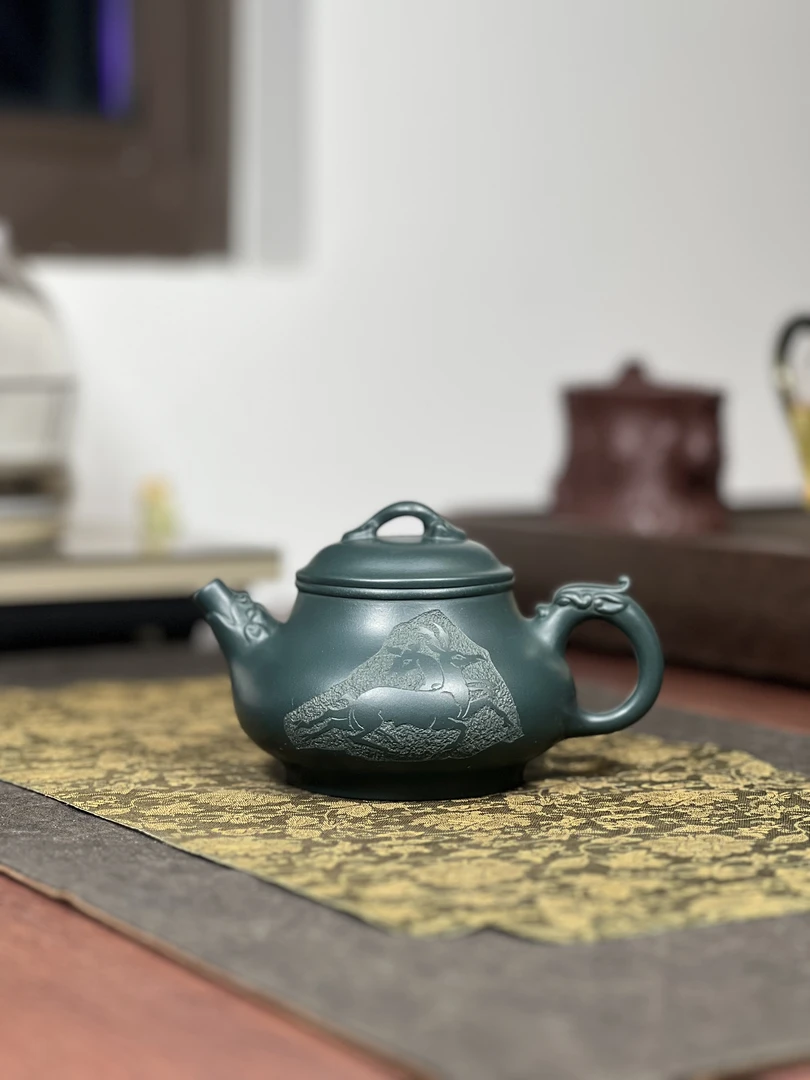 原矿苏门墨绿泥龙嘴把潘壶260毫升半手工015宜兴茶具套装紫砂壶