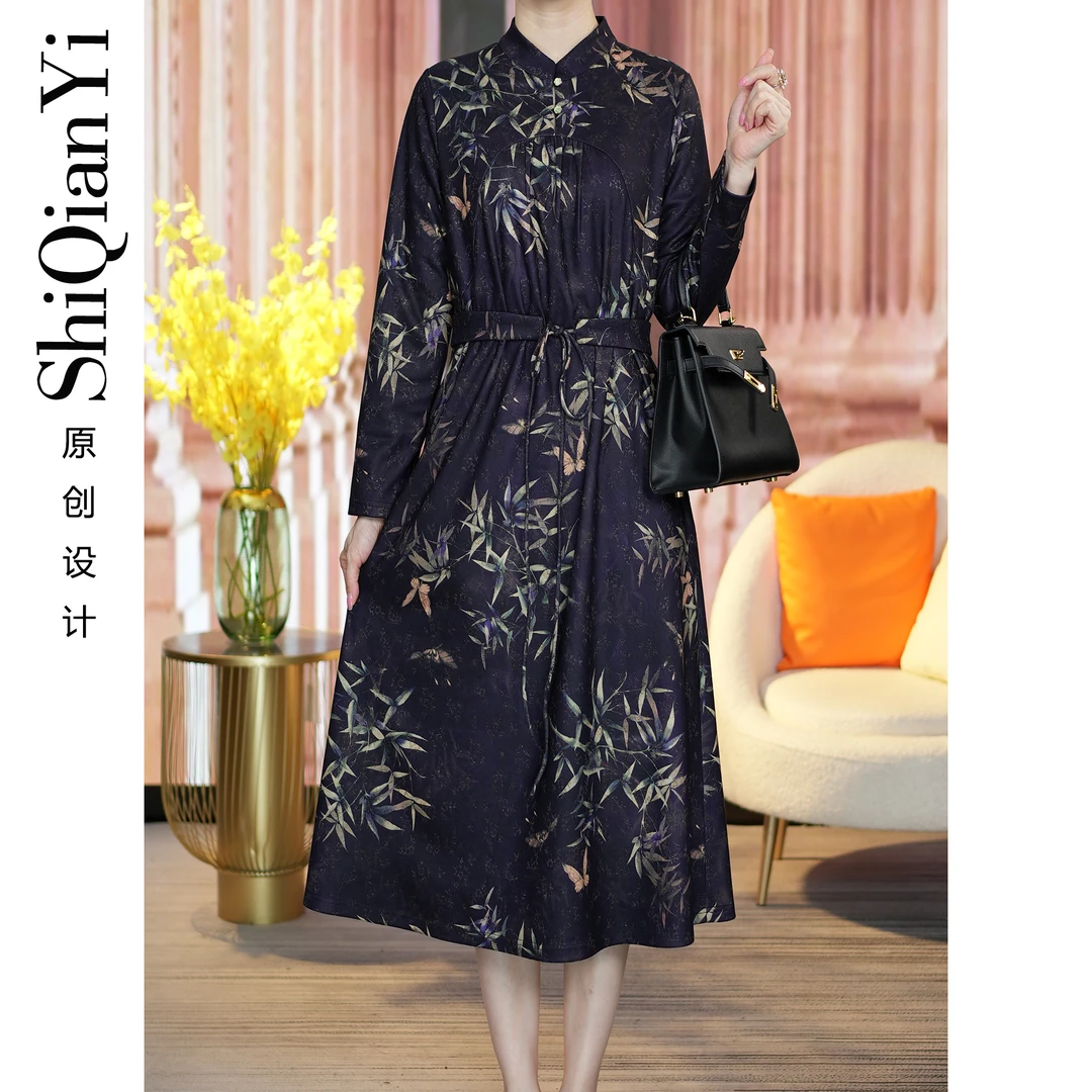 【诗千逸定制】2024国风秋冬收腰竹叶复古显瘦优雅气质连衣裙A1090