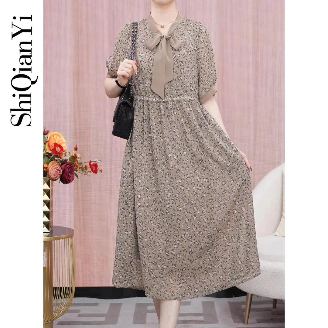 【诗千逸定制】新款气质温婉优雅阔太太重工领结小花连衣裙A1037
