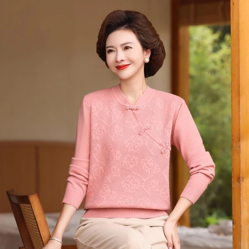 中老年新款春秋针织毛衣长袖上衣洋气打底宽松中年毛衣妈妈针织衫