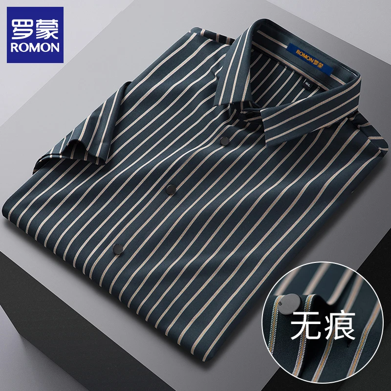 Romon/罗蒙高档免烫无痕衬衫男轻奢丝滑夏季薄款弹力半袖男士衬衣