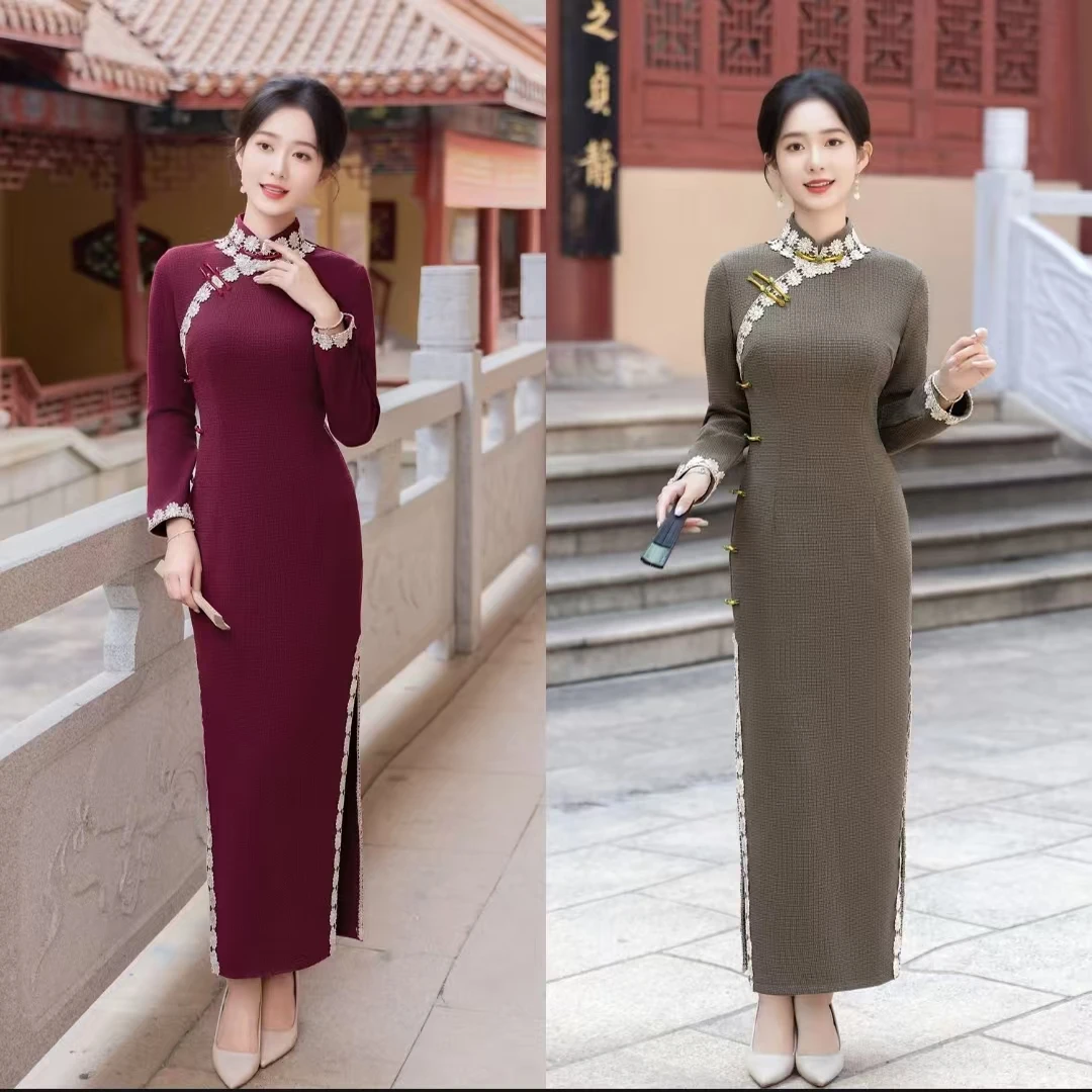 《国色天香》130cm中国风旗袍秋冬新中长款弹力提花改良版旗袍修身i