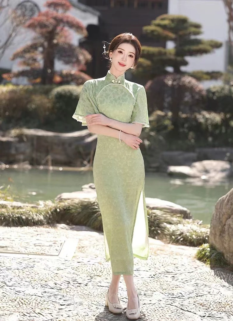 《一路绿灯》125送考旗袍中长款中国风中长款双层气质网红绿色夏季