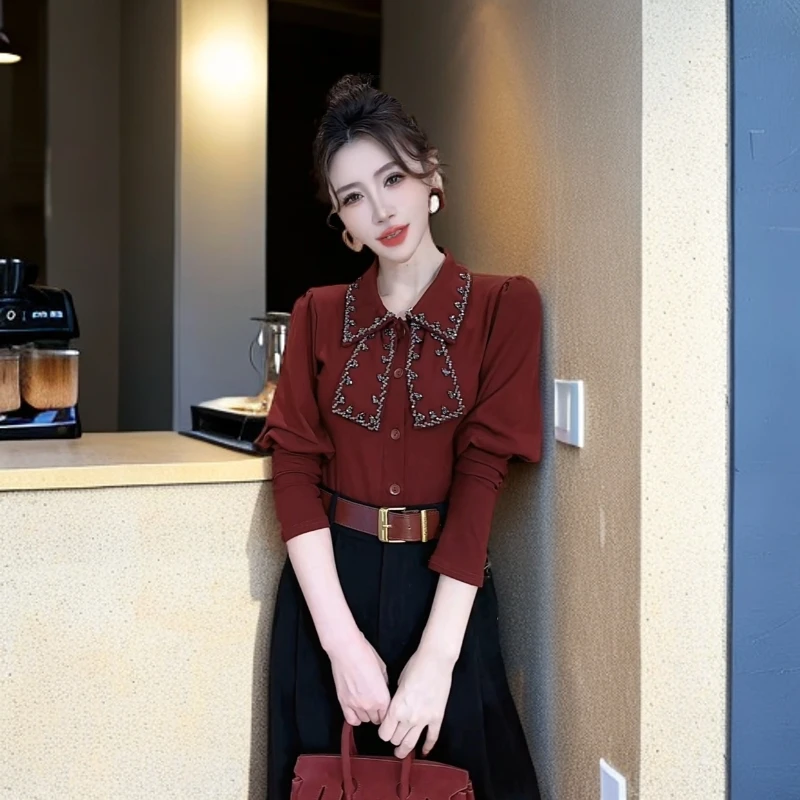 【嘉嘉专享】12066高级感重工钻钻蝴蝶结泡泡袖T恤上衣女