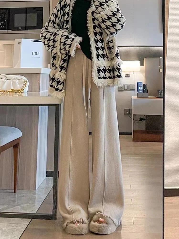 【美美专享】9812抽绳松紧高腰垂感针织休闲直筒裤