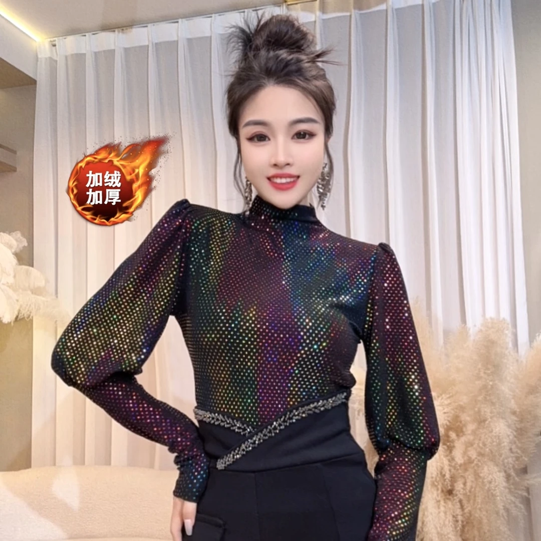 【嘉嘉专享】20705七彩色亮片新款高端轻奢高级感显瘦小灯笼袖T恤，