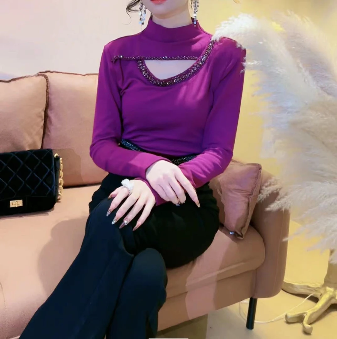 【美美专享】11211新款半高领镂空钻边T恤上衣