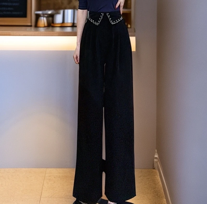 【美美专享】88335秋季新款百搭重工钻边直筒阔腿裤女