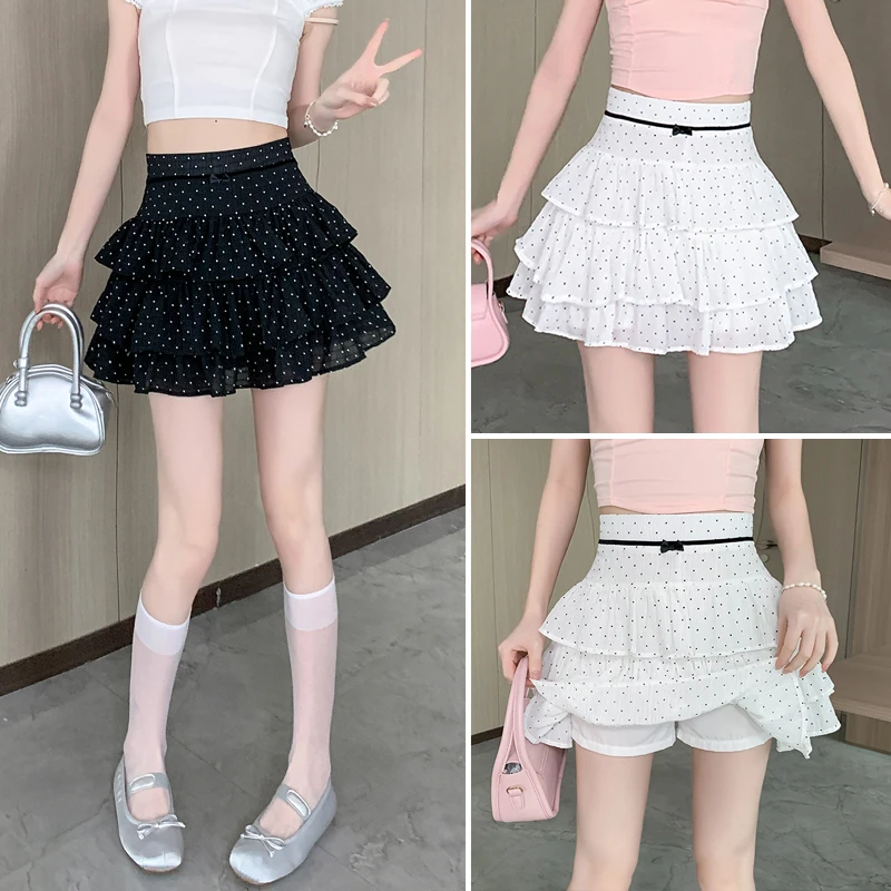 白色甜美芭蕾风波点蛋糕裙女夏季新款蝴蝶结高腰显瘦a字半身短裙