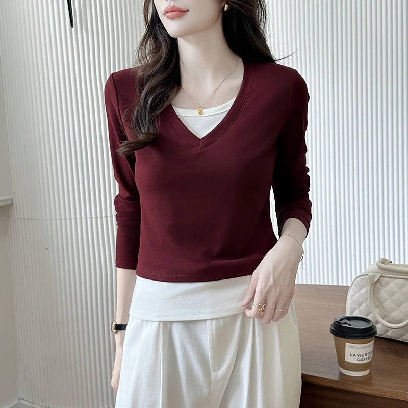 2024秋季新款V领设计感撞色假两件长袖T恤打底衫气质减龄上衣女潮