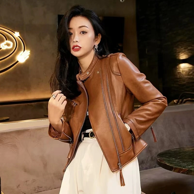 2025秋装新款海宁衣女短款修身洋气黑色皮夹克机车服网红皮外套
