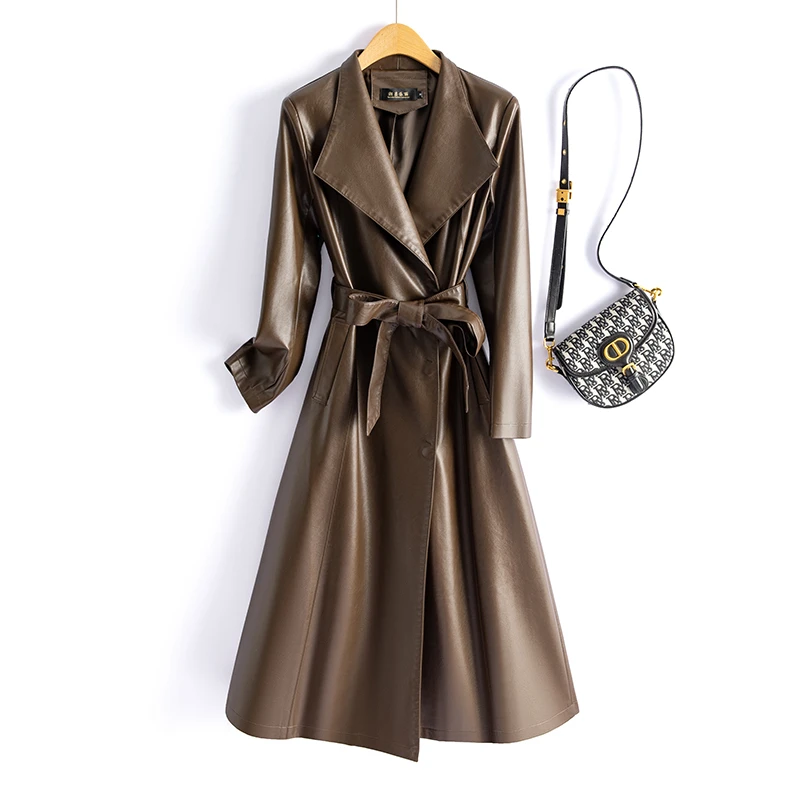 海宁皮衣女士气质长款韩版修身时尚洋气皮风衣外套春装秋冬新款潮