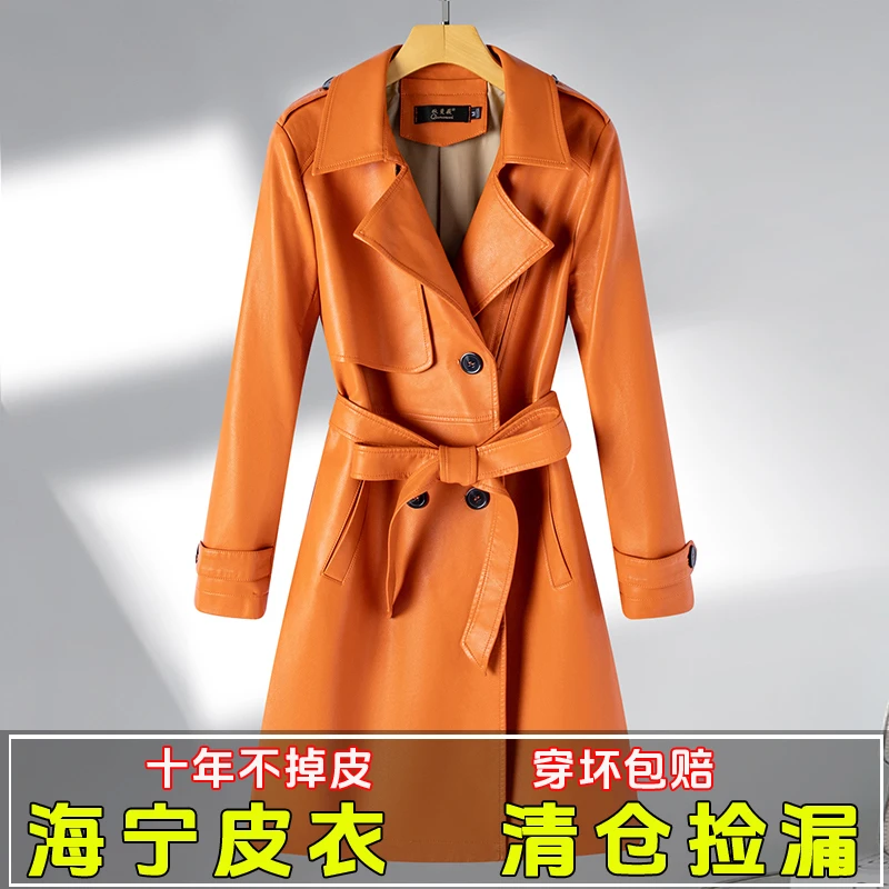 正品海宁皮衣女中长款韩版修身洋气大码黑色网红皮外套春装新款潮