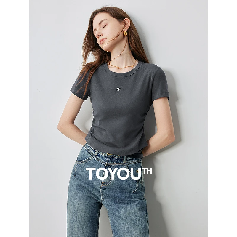 TOYOUTH初语松紧收腰甜辣妹T恤女24夏新高弹抗菌短袖上衣8421006