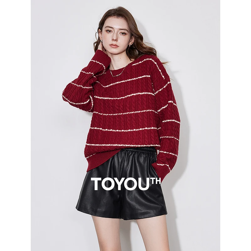 初语复古麻花针织衫毛衣女秋冬新款条纹圆领仿羊绒套头衫8443039