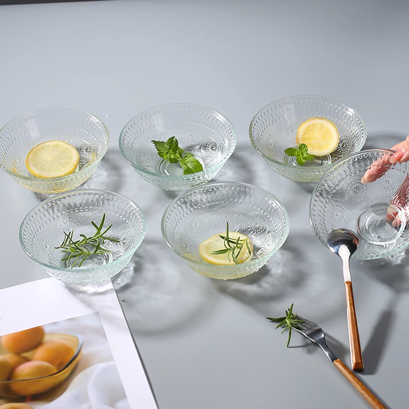 复古太阳花浮雕玻璃碗透明玻璃碗水果沙拉零食干果玻璃碗多用玻璃