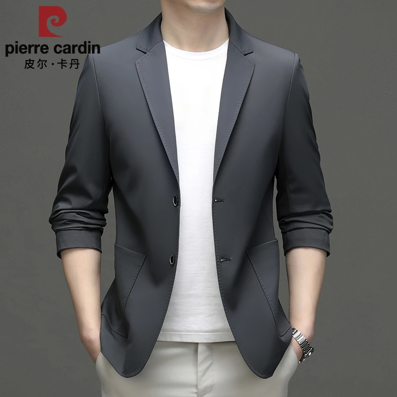 皮尔卡丹春季新款男士商务休闲外套高档时尚修身西服中年纯色上衣