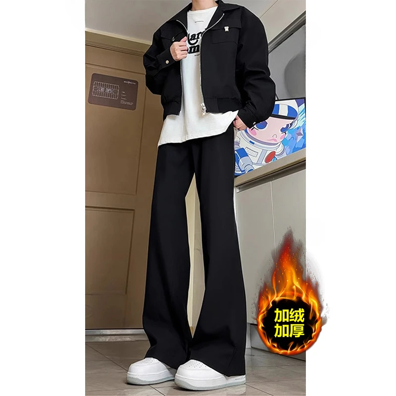 美式cleanfit黑色微喇西裤男秋冬款加绒加厚垂感裤子修身直筒长裤